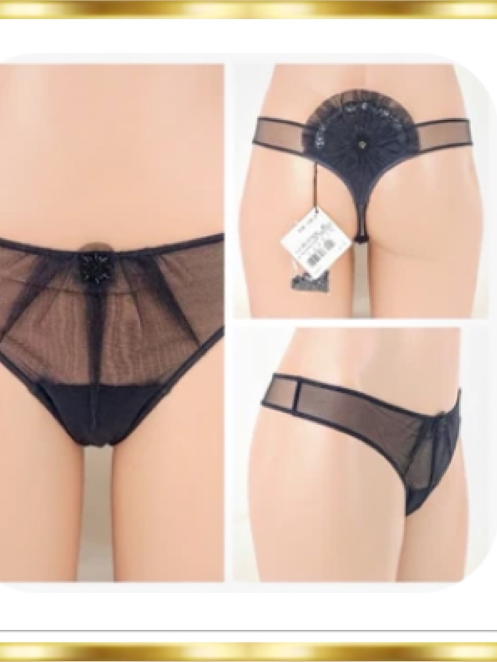 La Perla Java Dancer Black Nylon Tulle Embroidered Thong XS Black Label RARE